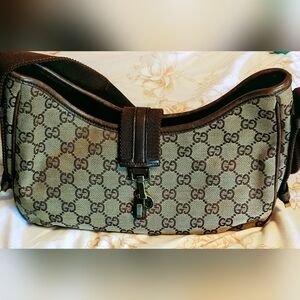 Gucci Beige Monogram Canvas Small Shoulder Bag with Brown Leather Trim